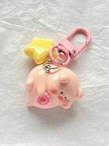 1pc Unisex Adorable 3D Piglet Pendant, Light Yellow Star Decor, Student/Friend Gift, Cartoon Keychain - Multicolor - View 1