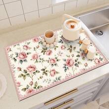 1pc Dish Drying Mat, Coffee Machine Mat, Pink Rose Pattern Absorbent Placemat, Suitable For Dining Table And Cafe, Multipurpose Drainage Mat, Home Gift, Tabletop Decor - Multicolor - View 7