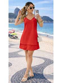 Women's Short, Loose-Fitting Dress With Layers And Ruffles In Candy Colors For Summer, With Adjustable Straps. - 紅色 - 查看 5