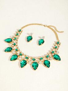 3件套女士复古闪亮水晶吊坠项链套装，绿色水晶吊坠项链和耳环，适合作为派对节日礼物配饰，母亲节礼物 - 快閃鑽套裝 - 查看 7