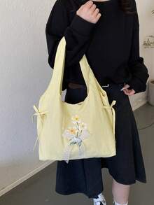 Bolso de hombro con estampado floral lindo, bolso de mano casual de gran capacidad, bolso con decoración de lazo de dopamina para estudiantes - Amarillo - Ver 8