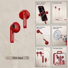 Coca-Cola 可口可乐 T53 有线半入耳式耳机，13mm 复合驱动单元带来深沉低音，Type-C 无缝连接器，轻盈舒适，佩戴如云般舒适，并带有线控 - 查看 2