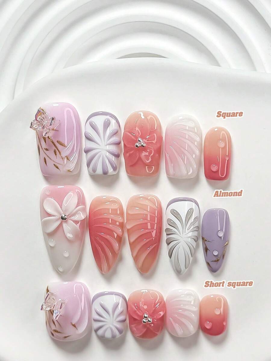 10pcs Gentle Floral Style Handmade Nail Art Set, Including Gel Nail Kit, 3D Butterfly Nail Decorations, Handcrafted 5-Petal Flowers And Line Nail Decors, Purple/Pink/Red Nail Polish, Faux Style, With Nail Tools (1 Jelly Sticker + 1 Nail File). 3 Sizes Available: Square, Short Square, Almond. Suitable For Parties, Daily Wear, Parties, Photography, Spring/Summer Commute, Etc. Press On Nails - Multicolor - View 1