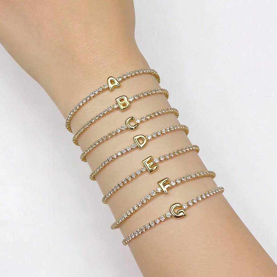 1条18K镀金手链，经典白色锆石A-Z字母链手链，女士礼物 - 金色 - 查看 1