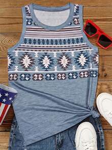 Women's Sleeveless Geometric Print Tank Top - Colorblock Abstract Art Design, Breathable Medium Stretch Fabric, Round Neck Casual Shirt, Summer Clothing White - White - View 3