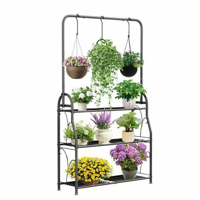 3-Tier Plant Stand Indoor  Outdoor With Hanging Basket, 28in Tall Metal Flower Shelf Holder For Multiple Potted Plants, Large Capacity Corner Rack Holds 12 Pots, Retro Design With Adjustable Feet