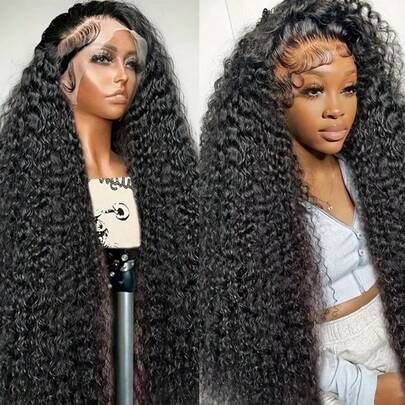 NATAN Perruque Élégante à Boucles Profondes 13X4 Lace Front pour Femmes, Nœuds Pré-Plumés et Décolorés, Fibre Synthétique Résistante à la Chaleur Haute Température 180% Densité pour Cosplay et Usage Quotidien