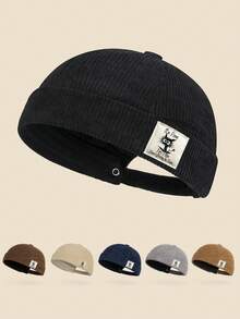 Unisex Skull Logo Vintage Corduroy Fisherman Cap, Adjustable Brimless Hat, Retro Casual Streetwear Sailor Cap, Versatile For All Seasons,Summer,Beach,Holiday - K - View 6