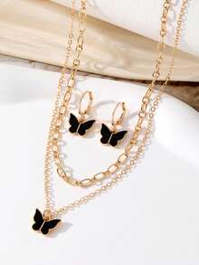 3pcs Zinc Alloy Delicate Butterfly Jewelry Set, Double-Layer Necklace + Earrings Combo, Sweet & Cool Girl Style, Suitable As Girlfriend, Best Friend, Valentine's Day, Anniversary, Birthday Gift - Butterfly - View 6