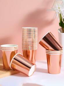 10/25pcs Rose Gold Theme Paper Cups, Beverage Cups And Coffee Cups, Suitable For Birthday Party, Family Gathering, Picnic And Party Decoration, Tableware, Holiday Design, Fashionable Party Supplies, - Multicolor - View 10