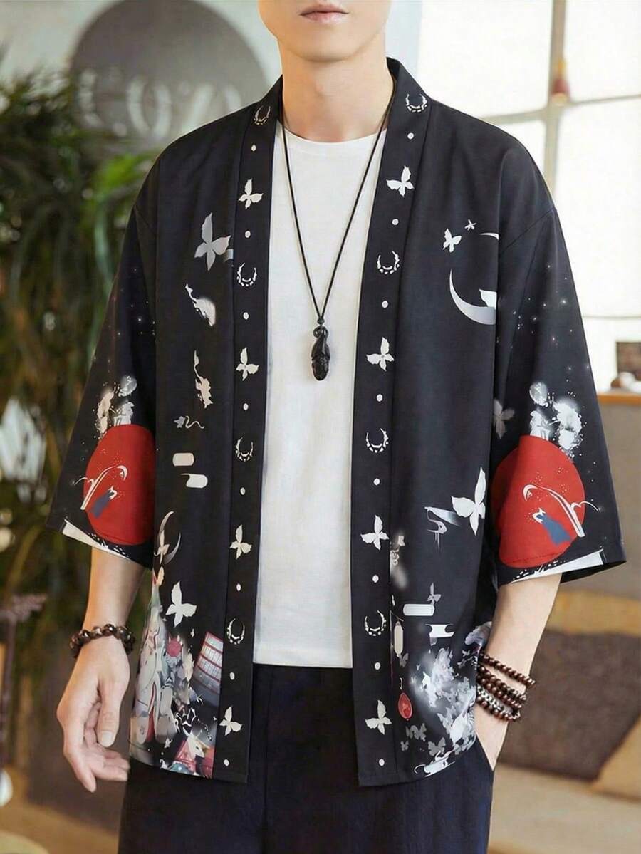 日式狐妖印花七分袖浴袍，动漫宽松防晒开衫，男士和服外套 - 黑色 - 查看 1