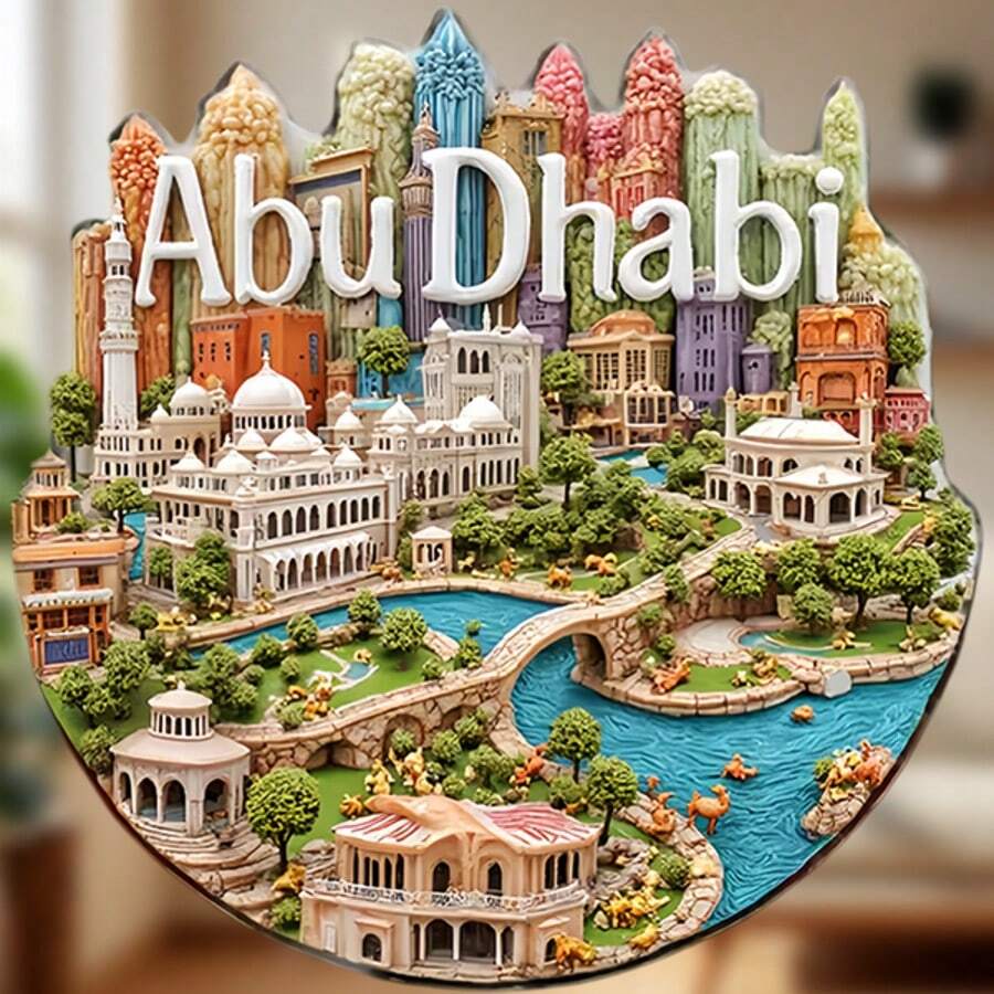 Nam châm tròn khắc nổi hình ảnh đường chân trời hiện đại của ốc đảo Abu Dhabi: Khung tròn thu nhỏ, hình ảnh Nhà thờ Hồi giáo Sheikh Zayed, cây cọ và các tòa nhà hiện đại, chữ "ABU DHABI" mạ vàng nổi bật – Sự kết hợp hài hòa giữa truyền thống và hiện đại cho tủ lạnh của bạn. - Abu Dhabi - Xem 1