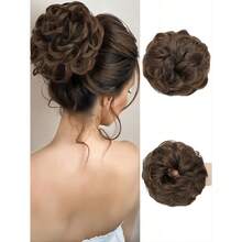 Black Messy Bun Hair Piece Wavy Curly Scrunchies Synthetic Chignon Ponytail Hair Extensions Thick Updo Hairpieces For Women 8inch - 彩色 - 查看 4