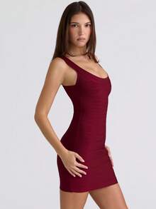 Women's Bandage Mini Dress Square Neck Sleeveless Bodycon Party Dress - Burgundy - View 5