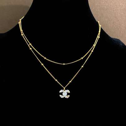 LADYCOCO 1pc Fashionable Elegant Chain Double-Layer Necklace With Cubic Zirconia Pendant, Suitable For Women