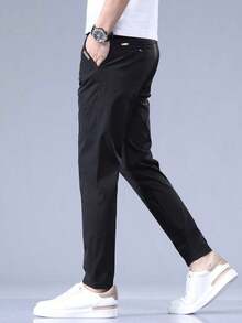 Men's Letter Embroidered Pocket Straight Leg Casual Pants, Suitable For Daily Commute In Summer - 黑色 - 查看 4