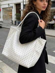 Grand sac à main femme à pois, sac à épaule réutilisable léger et à la mode, sac fourre-tout en canevas minimaliste pour l'esthétique, les déplacements quotidiens, l'école, les voyages, les courses, la plage, les sorties décontracté. Convient pour la fête des mères, les anniversaires, Noël, les vacances. - Multicolore - Voir 11