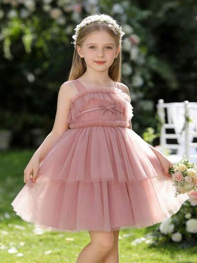 Young Girl Princess Tulle Party Dress, Suitable For Children's Birthday, Wedding Ceremony, Flowergirl, Party, Formal Occasions