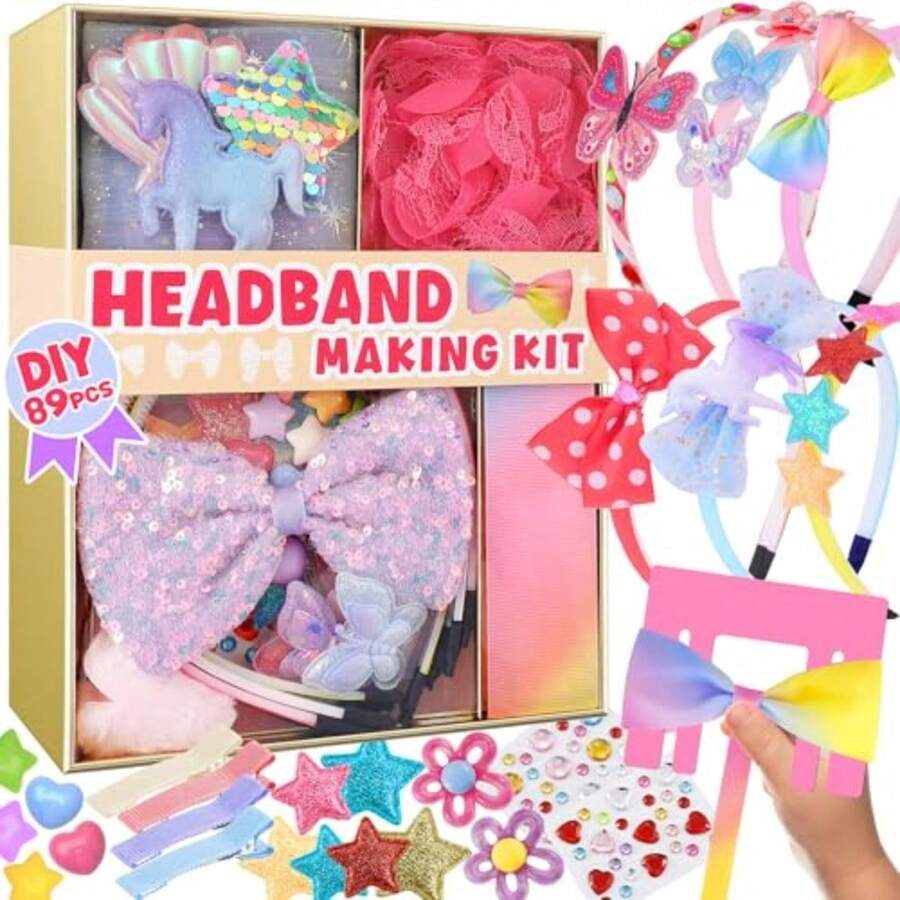 Arts and Crafts Kit for Girls - DIY Headband Making Kit for Girls 89pcs Fashion Hair Accessories Set Art and Craft Gift for 6-8 - Ideal Gifts for 5 6 7 8-12 Year Old Girl - Multicolor - Ver 1