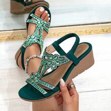 Women's New Wedge Thick Bottom Sandals - Retro Rhinestone Elastic Strap Bohemian Style Roman Shoes - Suitable For Vacation Travel - Green - View 10