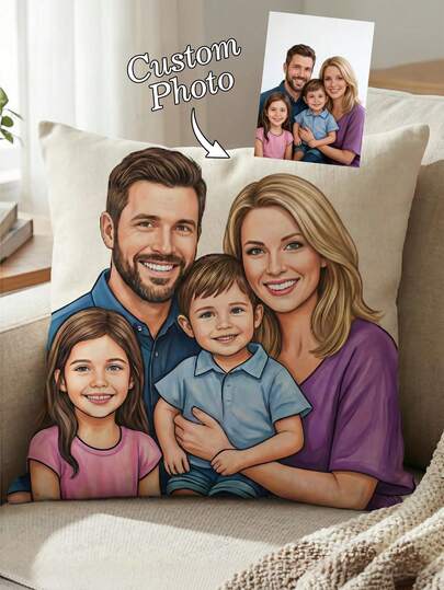 1 pieza Funda de almohada personalizable tipo lino, retrato familiar 3D de dibujos animados DIY, regalo conmemorativo familiar cálido, funda de cojín para decoración de sala de estar, sofá, dormitorio, uso en todas las estaciones, impresión unilateral sin relleno