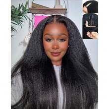 22Inch V Part Kinkystraight Wig Human Hair with Drawstring 200% Density Glueless U Part Upgraded 100% Natural Unprocessed Human Hair Wigs for Women No Sew in V Shape Clip In Half Wig Human Hair - Color natural - Ver 1