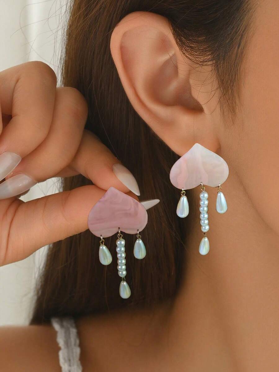 2 đôi bông tai tua rua hình trái tim và ngọc trai giả thời trang mới, kiểu dáng tinh tế, độc đáo và sang trọng dành cho phụ nữ. - Màu Hồng baby - Xem 1