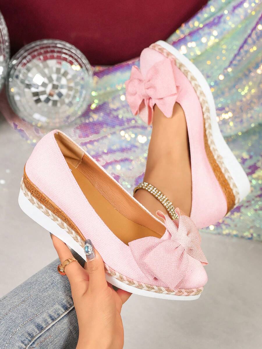 Gentle Bowknot Wedge Heel Slip-On Shoes, Women's Linen Braided Platform Granny Shoes, Versatile Commuting Increased Height Fisherman Shoes - Pink - View 1