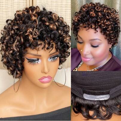 8inch Full Machine Made 1B30 Ultra Comfort Throw On & Go Short Pixie Cut With Bangs Skin Friendly Protective Wig Cotton Cap
