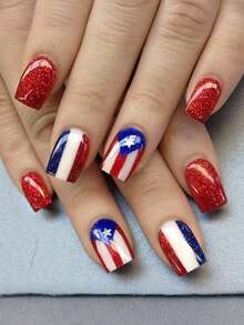 24pcs Press On Nails Medium Square French Nails Y2k Red Nails American Flag Style Reusable Press On Acrylic Nails Fake Nails Supplies Free Of 24 Pieces Of Jelly Tabs And A Mini File - Red - View 7