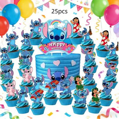 Bộ trang trí tiệc sinh nhật chủ đề Stitch gồm 25 món, màu xanh dương dễ thương theo phong cách Lilo & Stitch, trang trí bàn tráng miệng, tiệc sinh nhật.