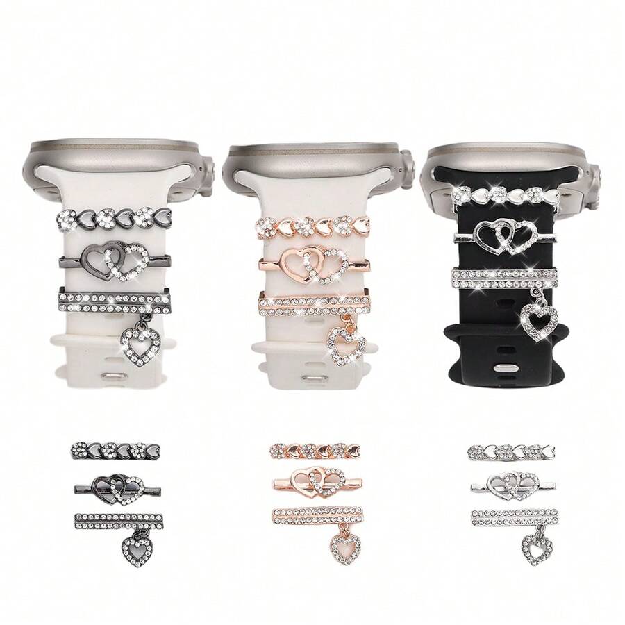 3pcs/Set Heart-Shaped Zinc Alloy Watch Band Decorative Rings, Fashionable Cute Heart Watch Band Accessories, Durable Metal Watch Ornaments (Watch Band Not Included) - Mouldless - View 1