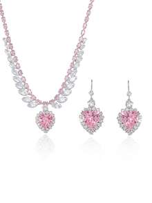 2pcs/Set Gentle & Cute Zirconia Pink Heart-Shaped Necklace & Earrings Set For Women, Suitable For Party Wear - Multicolor - View 7