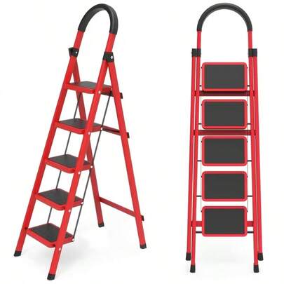 [Durable Folding Ladder] 330 Lbs Capacity, Durable, Lightweight 5-Step Portable Folding Ladder | Heavy-Duty, Anti-Slip Pedals, Sturdy Design For Home And Industrial Use, Ideal For Home, Garage, Workshop, Construction Sites, Robust Handrails