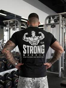 男士休闲肌肉男图案圆领短袖T恤，适合日常穿着、健身和运动，黑色夏季款 - 黑色 - 查看 6