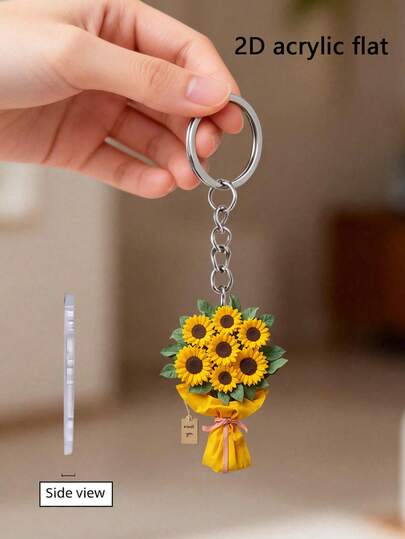 سلسلة مفاتيح باقة زهور عباد الشمس الصفراء الساطعة المسطحة الأبعاد، زهور واقعية وزينة شريط رقيقة - قلادة باقة رمز للصداقة والحب والعاطفة العائلية - "لا أحد آخر في نظري، أنت من حولي جميعًا."