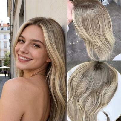 Seamless Synthetic HD Lace Front Wig, Gray & Shiny Gold Highlights, Natural Wave, No Glue, Pre-Plucked Hairline, For Women