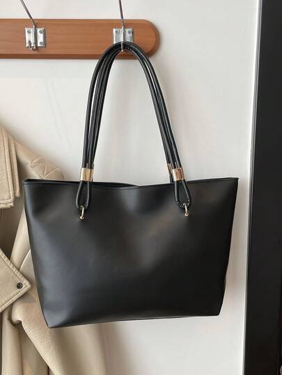 Classic Solid Color Large Tote Bag - Casual Work Shoulder Bag