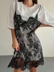 Vestido de mujer con mangas cortas, splice de encaje y 2 en 1, vestidos casuales para mujeres - Blanco - Ver 8
