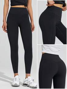 Leorrey 1pc Women's Fashionable High Waist Shaping Elastic Waistband Sports Pants With Side Pockets - Black - View 9