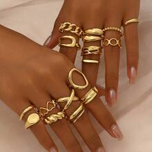 Juego de 16 anillos minimalistas apilables con textura, anillos de cadena retorcida hueca de estilo bohemio y Y2K, adecuados para apilar a diario y usar en estilo callejero, anillos de vacaciones de verano - Juego de anillos - Ver 3