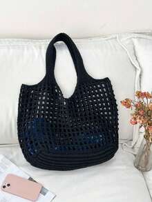 ENBEI Women's Minimalist Large Capacity Hollow Woven Tote Bag/Beach Bag, Lightweight Foldable Large Capacity Handbag, Lunch Bag, Suitable For Work, Travel, Graduation, Teenage Girls, College Freshmen, University Students, High School Students, Paired With Women's Vacation Outfits Handbag, Also Can Be Used As Valentine's Day Gift, Mother's Day Gift, Holiday, Vacation, Woven Bag - 黑色 - 查看 6