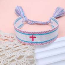 1 pieza Pulsera tejida a mano con borlas y bordado de cruz en estilo bohemio - Multicolor - Ver 4