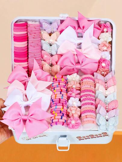 Set de 182 piezas de accesorios para el cabello con moños rosas, que incluye ligas elásticas para el cabello, pinzas con moños de tela, pinzas con flores de perlas, pinzas con decoración de encaje - Adecuado para mujeres, fácil de combinar para uso diario, escuela, fiesta y otras ocasiones