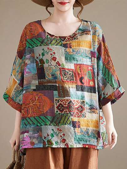 2026 Plus Size Women's Patchwork Summer Printed Blouse, Vintage Comfortable Hawaiian Patchwork Print Batwing Sleeve Round Neck Short Sleeve Top, Casual Vacation Daily Wear