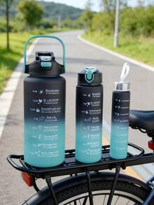 300ml/800ml/2000ml Capacity 3 Pieces Set Ombre Color Plastic Cups, Outdoor Sports Plastic Double-Wall Tumbler With Straws - Black and Blue Gradient - View 7