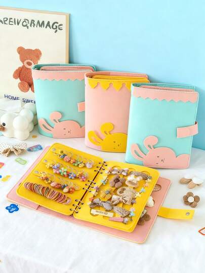 1个可爱兔子造型发饰收纳册，女孩发夹和发圈整理器，多隔层分层收纳可爱小饰品