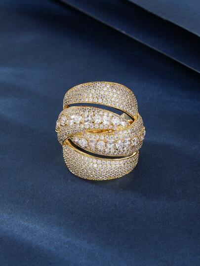 Anillo grande de mujer de material de cobre con diseño de intersección completamente pavimentado, elegante y encantador, adecuado para regalar y uso diario