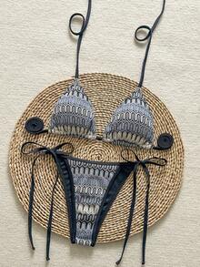 Women's Unique Textured Fabric Bikini Two Pieces Swimwear, Cute Spaghetti Strap Backless Design - Dusty Blue - View 2