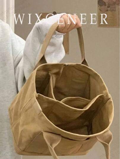 Solid Color Tote Satchel Bag, Lightweight Tote Canvas Bag, Multifunctional Bag For Work With Button Minimalist Large Capacity Bucket Bag, Literary School Bag For Teens, Book Bag For Women Or Students, Perfect For Books, Shopping, Back To School And More